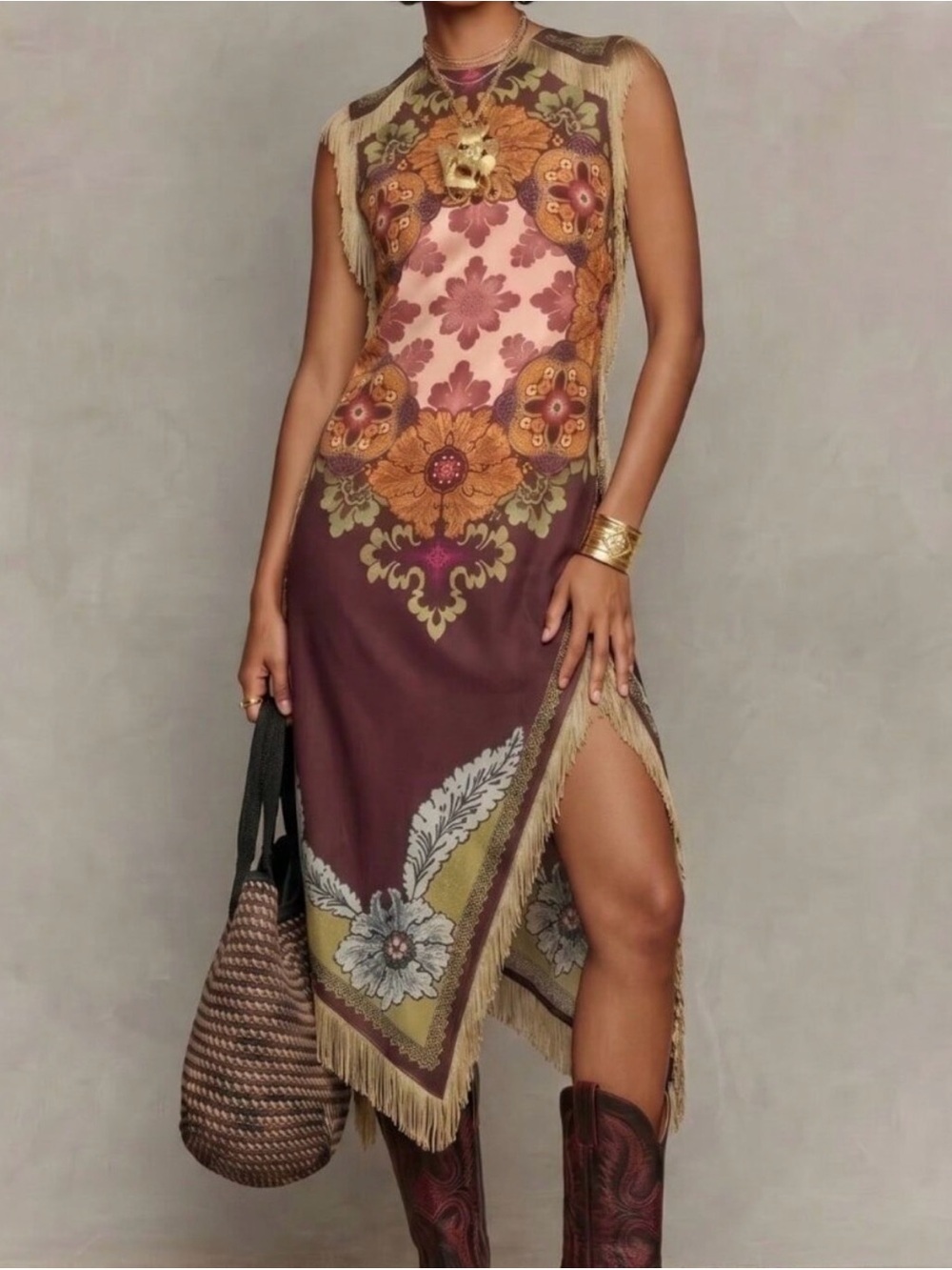 Brown Boho Women's Maxi Tunic Dress With Fringe & Embroidery